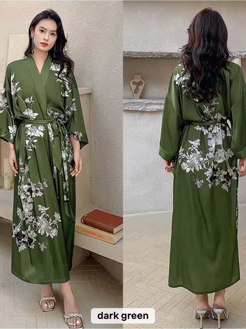 Floral silky Kimono Robe in Dark Green